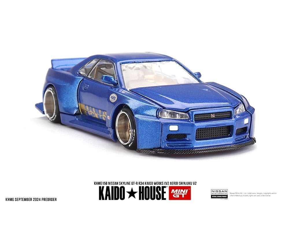 (COMING SOON) Kaido House x Mini GT 1:64 Nissan Skyline GT-R (R34) Kaido Works (V2 Aero) SHINJUKU V2- Blue