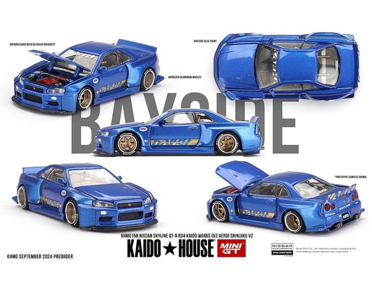 (COMING SOON) Kaido House x Mini GT 1:64 Nissan Skyline GT-R (R34) Kaido Works (V2 Aero) SHINJUKU V2- Blue
