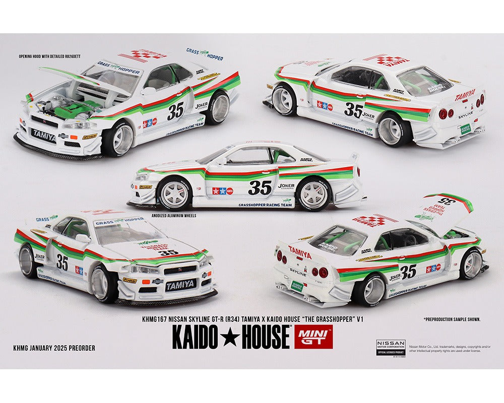 (COMING SOON) Kaido House x Mini GT 1:64 Nissan Skyline GT-R (R34) Tamiya X Kaido House “The Grasshopper” V1 – White
