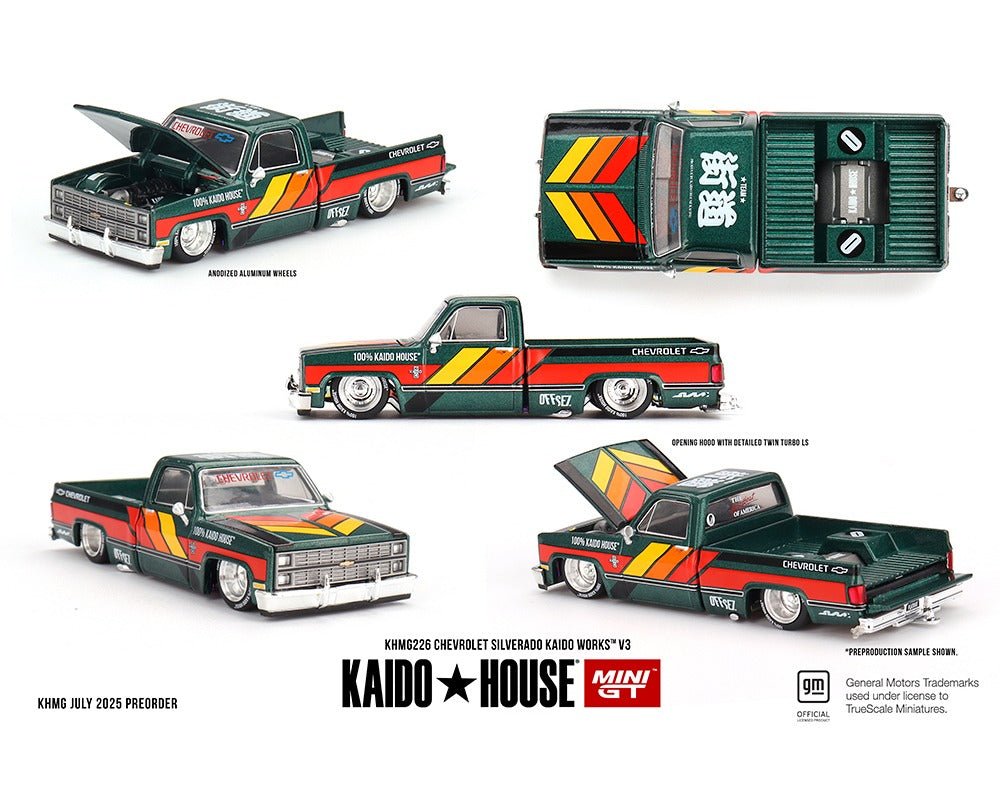 (COMING SOON) Kaido House x Mini GT 1:64 Chevrolet Silverado KAIDO WORKS V3 -Dark Green